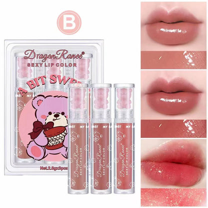 Dragon Ranee A Bit Sweet 3 Pcs SEXY Lip Gloss Set Shiny Pearl Moisturizing Lip Glloss Oil Net.2.8gx3pcs No.DR75