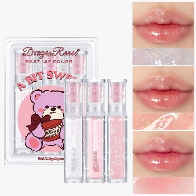 Dragon Ranee A Bit Sweet 3 Pcs SEXY Lip Gloss Set Shiny Pearl Moisturizing Lip Glloss Oil Net.2.8gx3pcs No.DR75