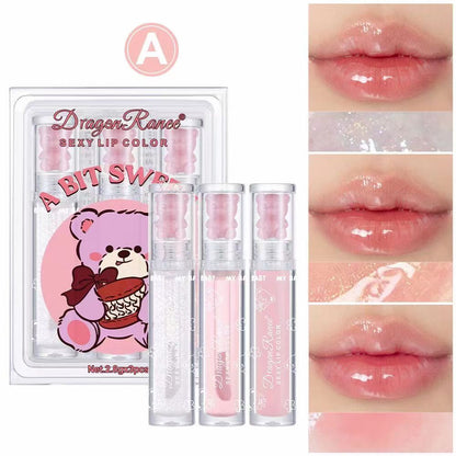 Dragon Ranee A Bit Sweet 3 Pcs SEXY Lip Gloss Set Shiny Pearl Moisturizing Lip Glloss Oil Net.2.8gx3pcs No.DR75