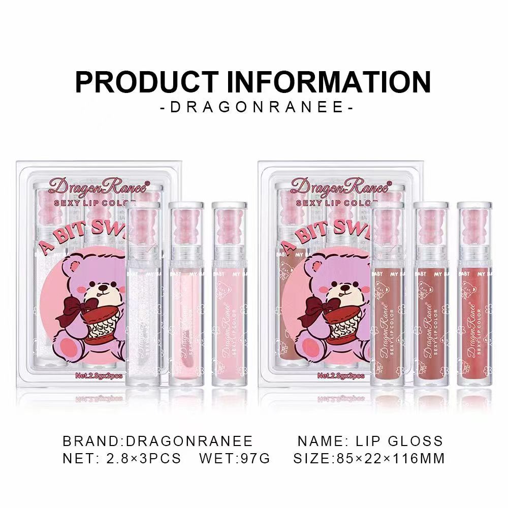 Dragon Ranee A Bit Sweet 3 Pcs SEXY Lip Gloss Set Shiny Pearl Moisturizing Lip Glloss Oil Net.2.8gx3pcs No.DR75