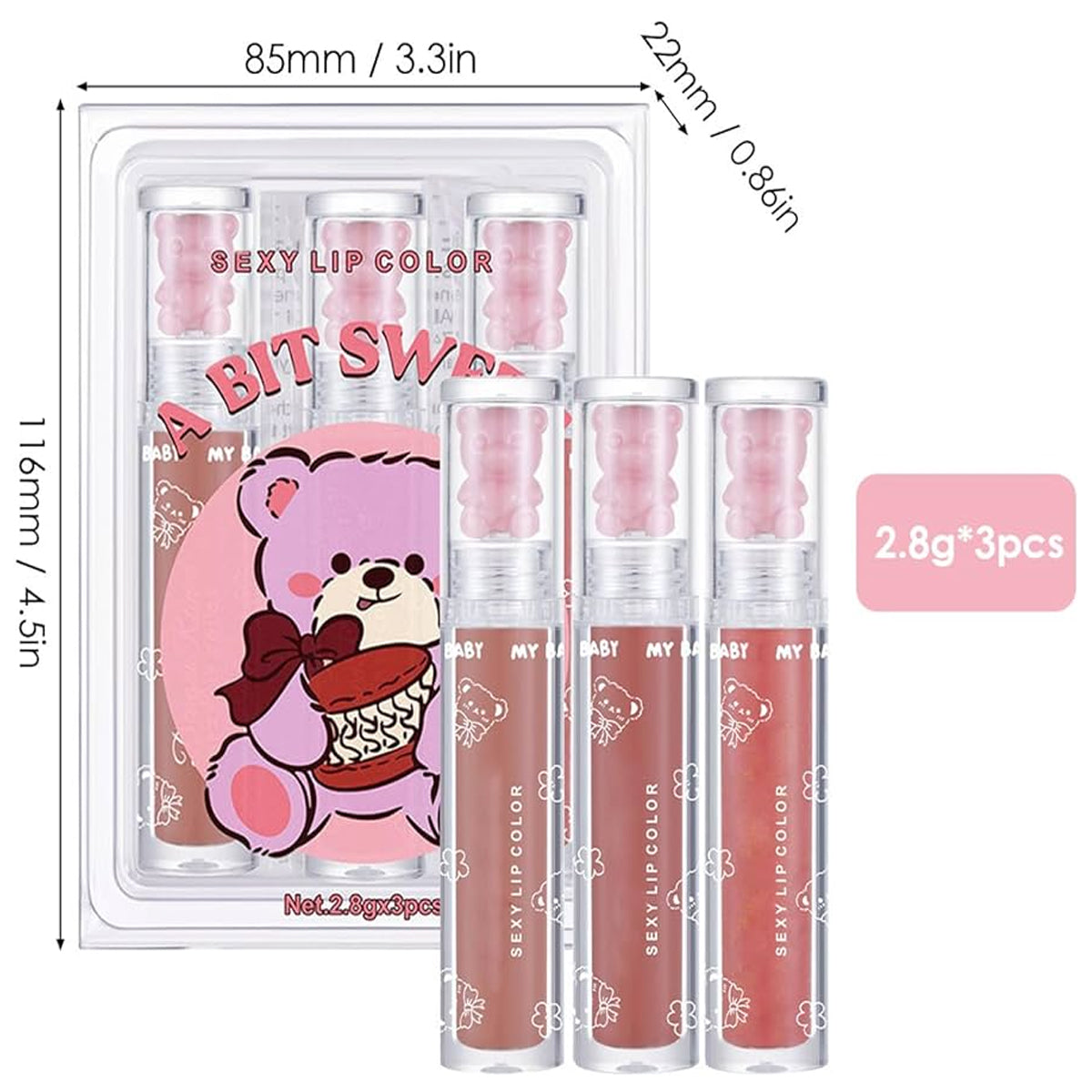 Dragon Ranee A Bit Sweet 3 Pcs SEXY Lip Gloss Set Shiny Pearl Moisturizing Lip Glloss Oil Net.2.8gx3pcs No.DR75